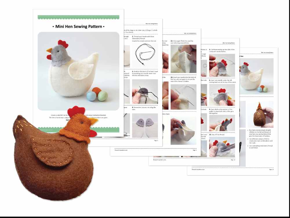 Mini brown hen in front of sample pattern sheets.